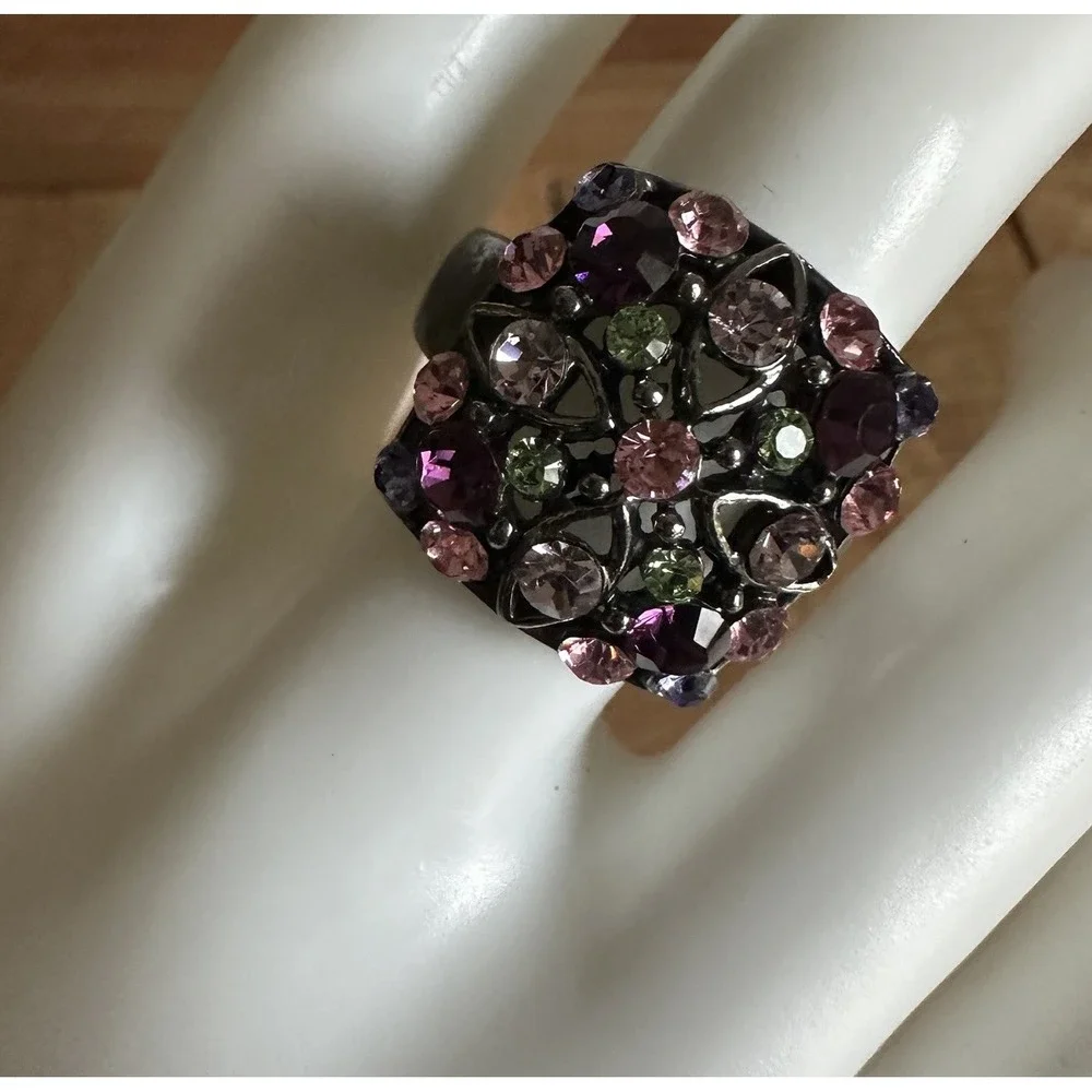 Vintage Cocktail Ring Size 8 Floral Multicolor Rhinestones Charcoal Gunmetal‎
